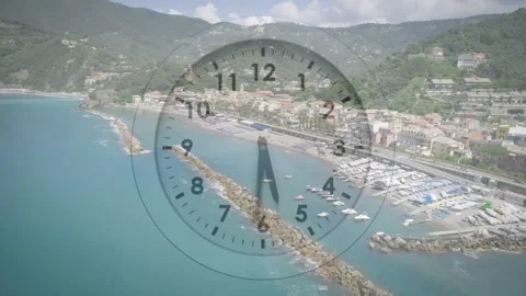 Camera pulling back semi-transparent analog clock rotating over harbor showing Vídeos de archivo 328306957