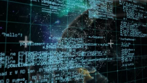 Camera pulling back, shifting right, revealing rotating globe with scrolling Stock Footage 330355234