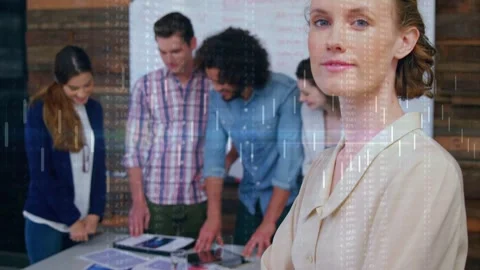 Camera pulling back showing biz team checking tablet and docs, lead turning Stock Footage 333936364