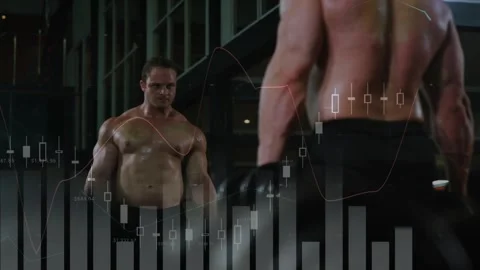 Camera pulling back showing man curling weights in gym, finance charts over Stock Footage 323336439