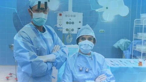 Camera pulling back showing two clinicians keeping crossed arms, hex overlay Stock Footage 331026890