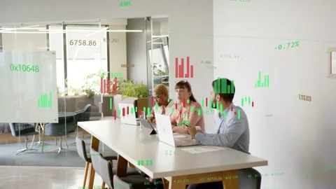 Camera pulling back, team lead checking market data on laptops, animated charts Stock Footage 333132430