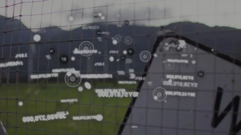 Camera pulling back, translucent data overlay emerging and drifting across fence Stock Footage 333925496