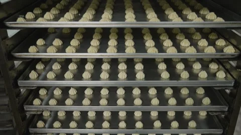 Camera pulling back from trays of unbaked cookie dough on industrial racks in a Stock Footage 346728993