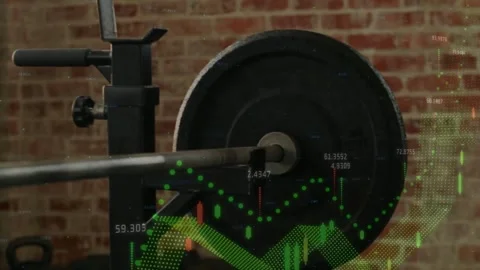 Camera pulling back triggers green data overlay mapping over loaded barbell, Stock Footage 334034513