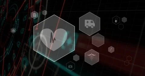 Camera pulling back triggers heart hex pulsing EKG animating icons drifting to Stock Footage 328485885