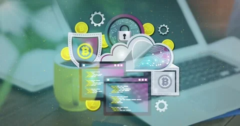 Camera pulling back to unveil plant mug laptop while crypto-security overlay Stock Footage 318475969