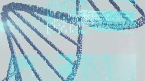 Camera pulling back while 3D helix rotating, shifting, data flickering revealing Stock Footage 329122023