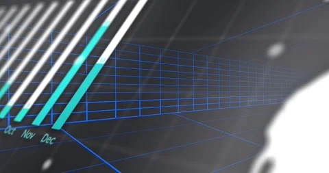 Camera pulling back from wireframe grid, panning, revealing month bars, pie, 스톡 동영상 330191084