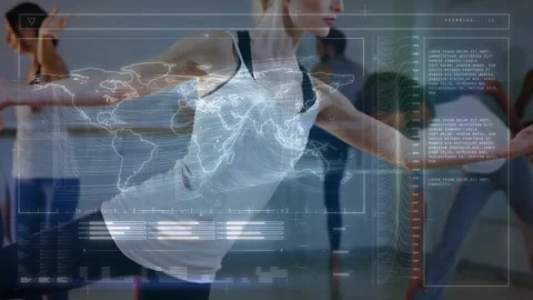 Camera pulling back, woman balancing and holding foot, HUD map overlay guiding Vidéo 330713349