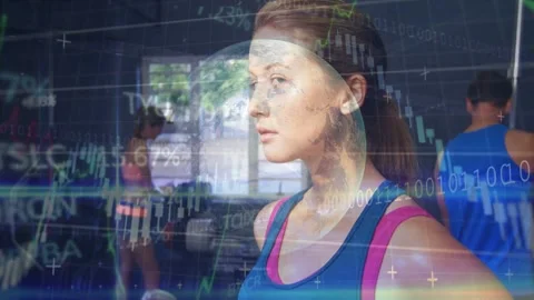 Camera pulling back, woman revealing face, animated charts over chest, face Stock Footage 332566472