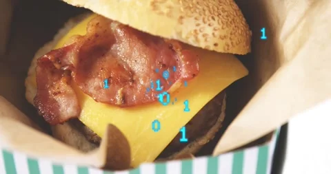 Camera pulling back, wrapped burger revealing cheese and bacon, cyan numbers Stock Footage 326891794