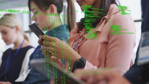 Camera pulling code overlay rising over phone, woman in pink scrolling phone, Stock Footage 333447858