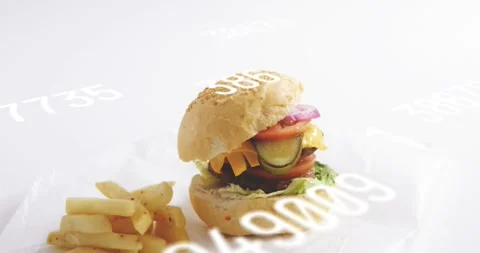 Camera pulling down revealing burger stacking layers as numeric digits floating, Stock Footage 323271271