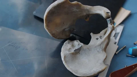 Camera pulls back from hip bone to view of full pelvic region of Lucy skeleton. Stock Footage 231900625