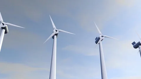 Camera pulls back to show an aerial view of a long row of offshore wind turbines Stock Footage 194392288