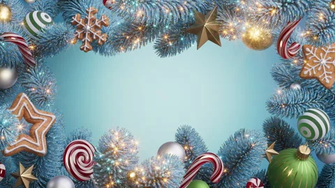 Camera pulls back through a blue fir frame of ornaments, candy canes Stock Footage 318421203