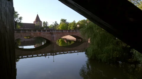Camera pulls back through rails on Hangmans Bridge Stock Footage 261687750