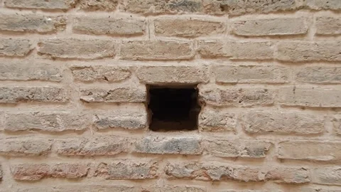 Camera pulls back through a small hole in an old wall - Mud Wall and Rough Brick Stock Footage 339811483
