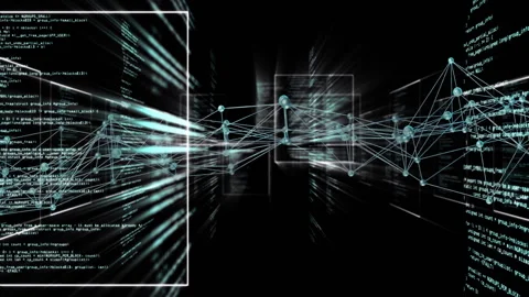 On camera push, 3D network expanding through code panels, visualizing data Stock Footage 311140292
