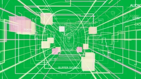 On camera push data tunnel moving inward, cubes showing labels displaying data Stock Footage 335780874