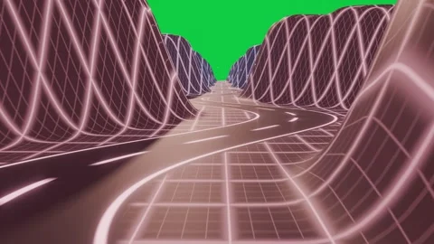 Camera push moving neon winding road, grid hills shifting to horizon lights, Stock Footage 337506327