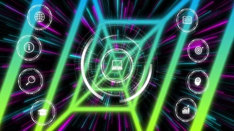 Camera push starting neon teal tunnel moving, HUD rings pulsing and icons Stock Footage 329576052