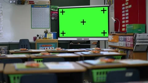 Camera pushes into a large interactive white board with green screen chroma key Video stock 159822472