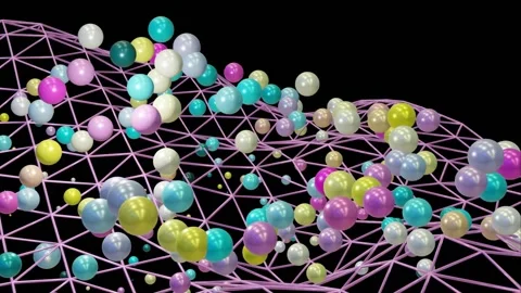 Camera pushes into a room full of dynamic floating spheres. 4K CGI animation Video stock 256674058