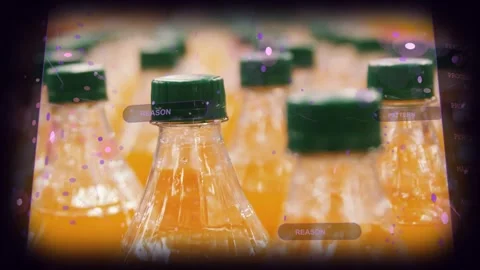 Camera pushing center bottle focusing while HUD tags pinning REASON, PATTERN to Stock Footage 331736526