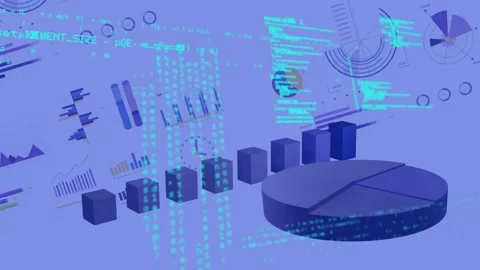 Camera pushing, data cluster animating; pie showing wedge, bars rising, code Stock Footage 334703291