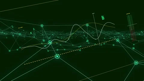 Camera pushing forward, 3D data net pulsing hex nodes, lighting dashed route to Stock Footage 334724875