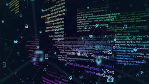 Camera pushing forward and panning, code panels shifting, icons pulsing, Stock Footage 322220945