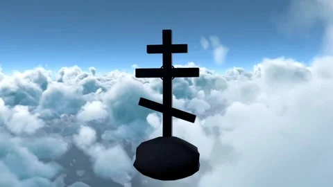 Camera pushing forward black tri-beam post floating on rock as clouds rolling 動画素材 338356274