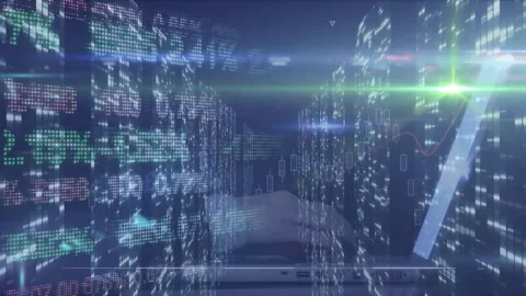 Camera pushing forward, data corridor scrolling and candlesticks appearing to Stock Footage 328527735