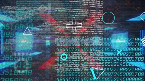 Camera pushing forward, data tunnel receding, cascading digits and HUD icons Stock Footage 334884054