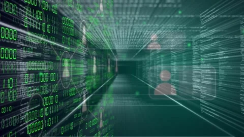 Camera pushing forward, digital tunnel streaming binary, avatar cards sliding to Stock Footage 335761823