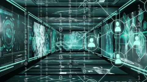 Camera pushing forward holographic corridor showing medical data binary Stock Footage 332704575
