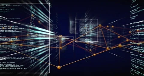 Camera pushing forward, node mesh reconfiguring and code panels streaking, Stock Footage 328584771