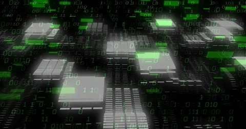 Camera pushing forward revealing stacks glowing, green pulses and binary stream Stock Footage 332275425