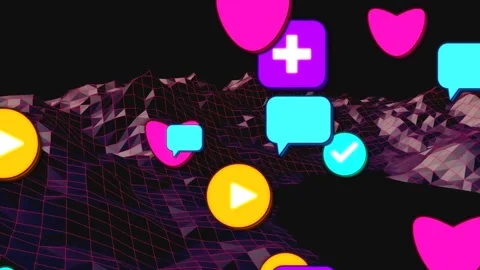 Camera pushing forward starting floating icons popping drifting and grouping to Stock Footage 334038812