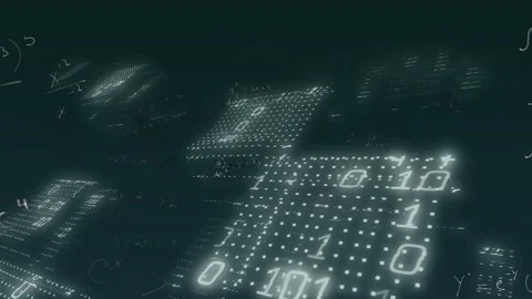 Camera pushing forward starting grid tiles sliding rotating as binary digits Stock Footage 315559157