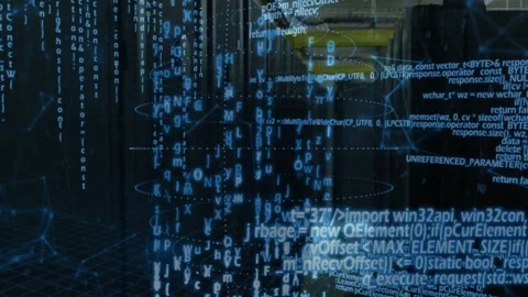 Camera pushing forward starting holo code panels and falling text over server Stock Footage 332955974