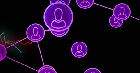Camera pushing through glowing purple avatar nodes, clusters drawing closer and Vídeo Stock 328577038