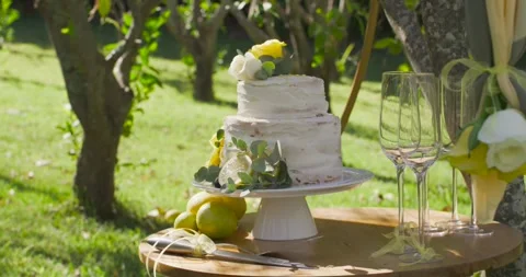 Camera pushing in, tightening framing, drawing focus to two-tier cake on Stock Footage 343517772