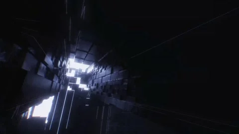 Camera racing past glowing sci-fi skyscraper blocks Stock Footage 346780513