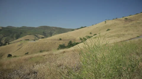 Camera rack focus to rolling hills of grass &amp; hay and then pans Stockbeeldmateriaal 31744567