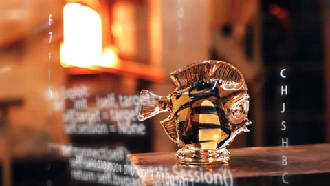 Camera racking focus, glass fish focusing, furnace glowing, code scrolling, Stock Footage 333648942