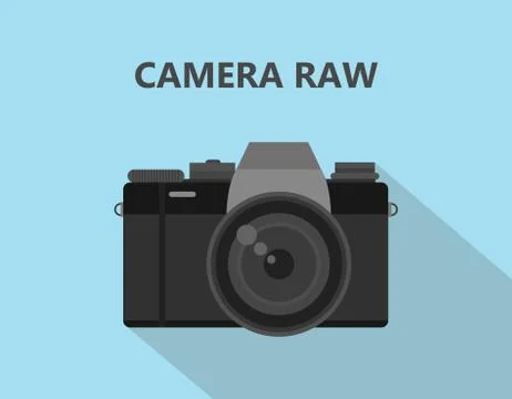 Camera RAW format file illustration with camera icon with shadow and blue Stock Illustration