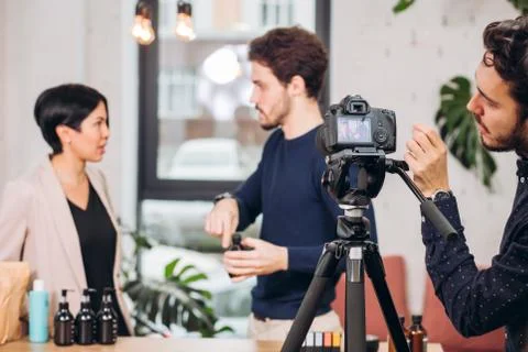 Camera is recording the process of testing new creams 스톡 사진